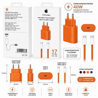 Carregador Turbo Tipo C para Tipoc 40w，Iphone 17 Pro Max Cor Laranja