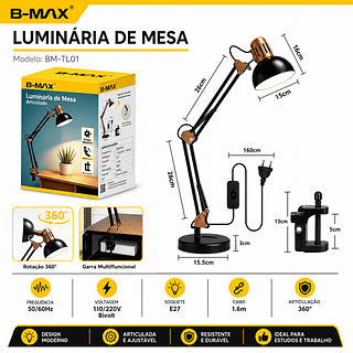 ￼Luminária de Mesa Articulada Pixar com Base ou Garra 2 em 1 Abajur Flexível LED para Escritório—BMAX