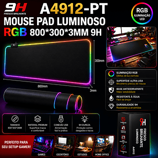 ￼Mousepad Para Jogo Gamer Extra Grande 80 x 30 cm com LED RGB Speed Edition Preto Liso Sem Estampa