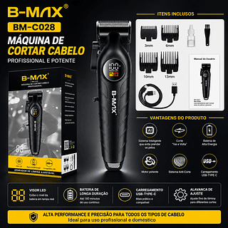 Máquina Aparador de Pêlo e Cabelo Profissional Recarregável com Tela Digital—BMAX