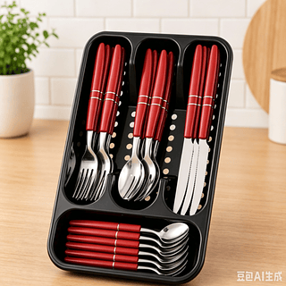 ￼Jogo De Talheres Premium Inox Com 24 Peças + Suporte Gaveteiro