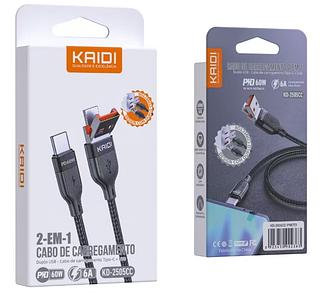 ￼Cabo de Carregador Turbo 60W Duplo USB-c / USB 2 Em 1 Tipo C Para Tipo C / USB Original KAIDI kD2505