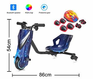 Triciclo elétrico infantil de 6,5 polegadas e 150W com luzes LED, Bluetooth, 3 velocidades e equipamentos de proteção (capacete, joelheiras e cotoveleiras).ycd-