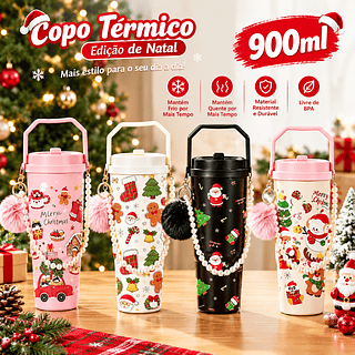 Garrafa 900ml Térmica De Água Inoxidável 304 Com Alça Portátil, Mantém Frio E Quente, Copo Com Tampa E Design Natal Fofo