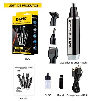 ￼Kit Aparador de Pelos 4 em 1 Bivolt Sem Fio Recarregável B-MAX BM-C039 Para Barba Cabelo Nariz e Corpo
