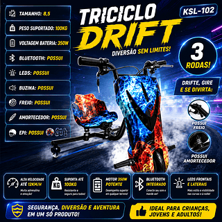 Triciclo elétrico infantil de 8,5 polegadas e 350W com luzes LED, Bluetooth, 3 velocidades e equipamentos de proteção (capacete, joelheiras e cotoveleiras)