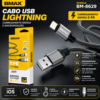 Cabo Carregador Usb 2Metros Para iPhone—BMAX