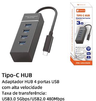 Hub USB TYPE C 3.0 Extensor de 4 Portas, Adaptadores de USB com LED