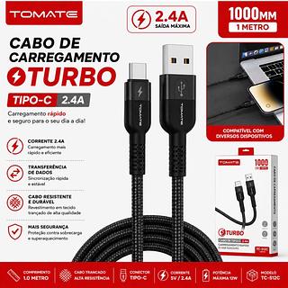 ￼Cabo Carregador Turbo USB Para Tipo-C 2.4A Cabo Reforçado—TOMATE