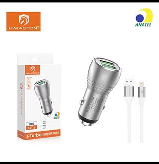 Carregador de Celular para Carro 2 Usb 4.8A Carregador Veicular com Cabo V8