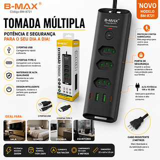 Extensão Elétrica Filtro de Linha 3 Tomadas com USB e Tipo C 2500W Bivolt
