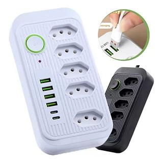 ￼Extensão 5 Tomadas 4 USB 2 TypeC Universal Bivolt 2m Filtro De Linha Segurança