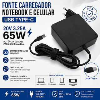 univesao Fonte Carregador P/ Notebook Lenovo Dell Hp 65w Type-c Usb-c