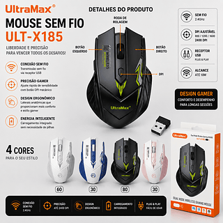 Mouse Gamer Sem Fio Recarregável UltraMax ULT-X185 Bluetooth e USB 2.4GHz Ergonômico 1600 DPI