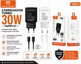 H'maston Y08 TURBO PD 30W QC 3.0 TIPO C+TIPO C Carregador