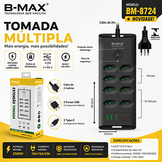 ￼COIBEU Filtro de Linha 5 Tomadas + 3 USB + 3 Type-C, 2500W, 10A