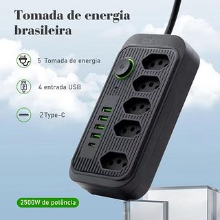￼Extensão 5 Tomadas 4 USB 1 TypeC Universal Bivolt 2m Filtro De Linha Segurança