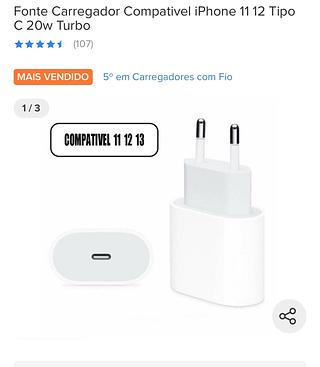 Fonte com 1hora carrecavel bateria 100% TURBO 1:1 FABRICA Carregador Compativel iPhone 11 12 Tipo C 20w Turbo