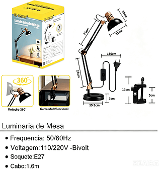 ￼Luminária de Mesa Articulada Pixar com Base ou Garra 2 em 1 Abajur Flexível LED para Escritório—BMAX