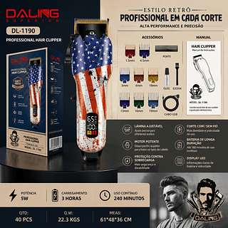 Máquina de Cortar Cabelo Profissional Sem Fio Daling DL-1190 Bateria Li-ion 240min