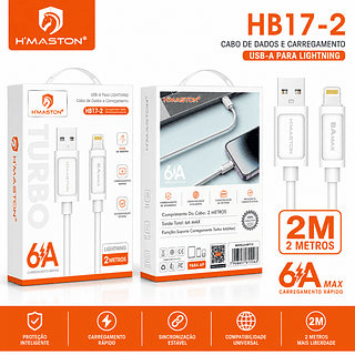 ￼Cabo Carregador Turbo 6A H'Maston HB17 2Metros USB Carregamento Rápido Reforçado para Android e iPhone