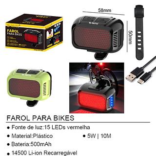 FAROL PARA BIKES LEDs vermelha -ion Recarregavel