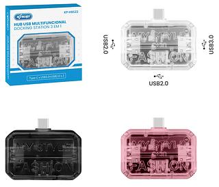 Novo produto transparente 3 em 1 multifuncional tipo C Docking Station porta USB-C para USB2.0+ USB2.0 + USB3.0
