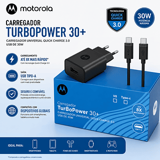 Carregador Motorola 30W Turbo Para Typec