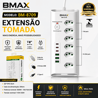 Filtro de linha Regua de Tomadass 6tomadas 3USB 3Tipo C—BMAX