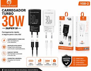 ￼H'maston Y08 TURBO PD 30W QC 3.0 TIPO C+Lightning Carregador