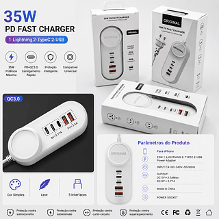 ￼Carregador de Tomada com Fio Fast Charge QC3.0 35W 5 Portas 2 TIPO C / 2 USB / 1 LIGHTNING Luatek