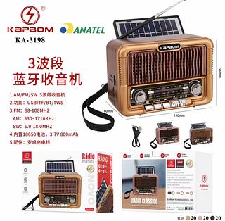 Rádio AM/FM USB Bluetooth C/Placa Solar KAPBOM - KA-3198