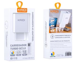 Carregador Kaidi Turbo Qualcomm 3.0 + Cabo V8