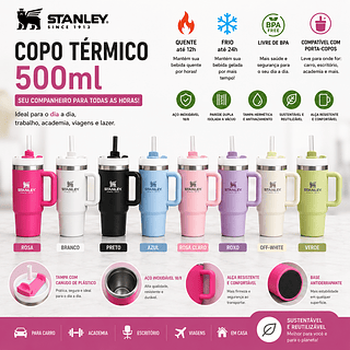 Copo térmico de aço inoxidável 500ml com alça e canudo