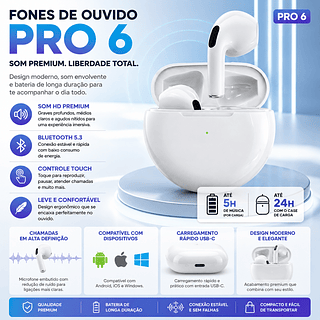 fones de ouvido PRO6 bluetooth sem fio de alta qualidade