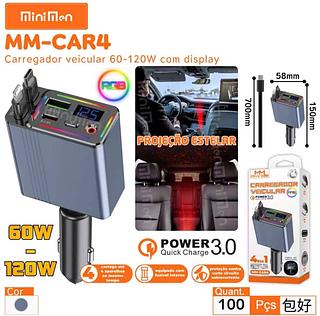 120W Carregador de carro retrátil Carregamento Rápido no Teto do Veículo para iPhone e Celulares Samsung