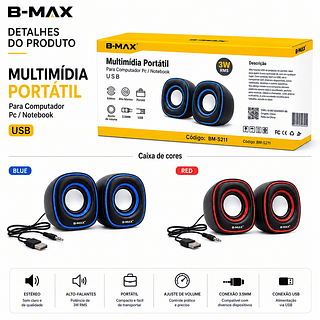 CAIXA DE SOM MULTIMIDIA HAYOM, PARA PC, USB, 3W2, PRETO E AZUL