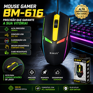 ￼Mouse Gamer 1000dpi Óptico Usb Led Rgb Precisão Profissional Jogos Pc